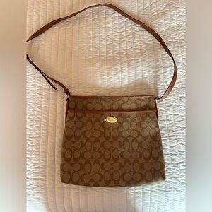 Coach Brown Signature Monogram Crossbody Bag with Tan Leather Trim